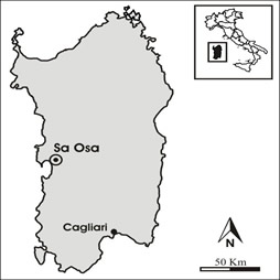 Map of Sardinia showing location of archaeological site