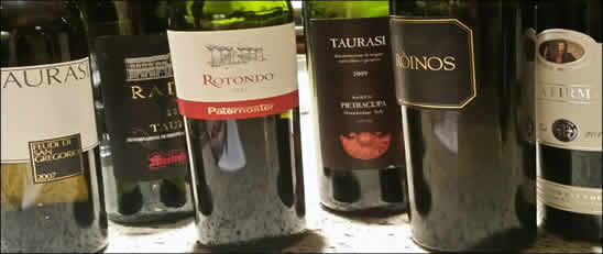Six bottles of Aglianico wine from the tasting.