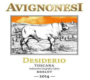 Bottle label for Avignonesi's 2014 "Desiderio" Merlot Toscana