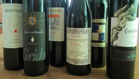 Six bottles of Italian Merlot wines used in tasting