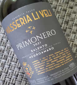 2021 "Primonero" Negroamaro Salento IGT from the Masseria Li Veli winery in Puglia